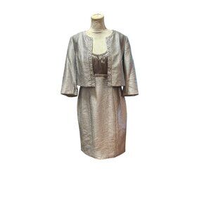 Adrianna Papell Occasions Silver Metallic Sequin Dress & Cropped Jacket Sz 12